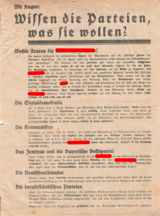 DVP, Liste 7, Flugblatt "Wissen die Parteien, was sie wollen?", Hamburg, Reichstagswahl November 1932, ca. DIN A4, gelocht, sonst guter Zustand