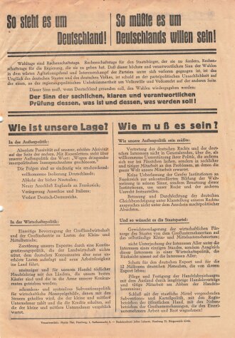 Deutsche Staatspartei, Liste 8, Flugblatt "So steht es um Deutschland", Hamburg, Reichstagswahl November 1932, ca. DIN A4, gelocht, sonst guter Zustand