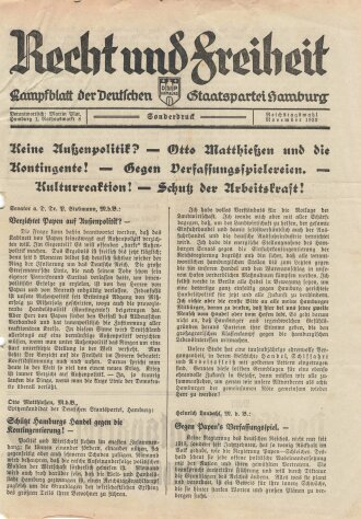 Deutsche Staatspartei, Liste 8, Flugblatt "Kampfblatt Recht und Freiheit", Hamburg, Reichstagswahl November 1932, ca. DIN A4, gelocht, sonst guter Zustand