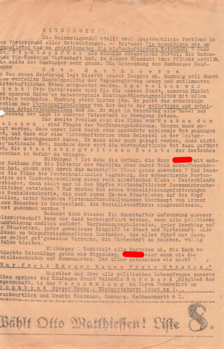 Deutsche Staatspartei, Liste 8, Flugblatt "Mitbürger!", Hamburg, Reichstagswahl November 1932, ca. DIN A4, gelocht, linker Rand beschnitten, sonst guter Zustand