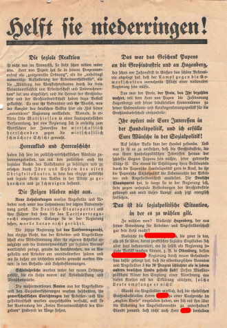 Deutsche Staatspartei, Liste 8, Flugblatt "Helft sie niederringen", Hamburg, Reichstagswahl November 1932, ca. DIN A4, gelocht, handschriftliche Markierungen, sonst guter Zustand