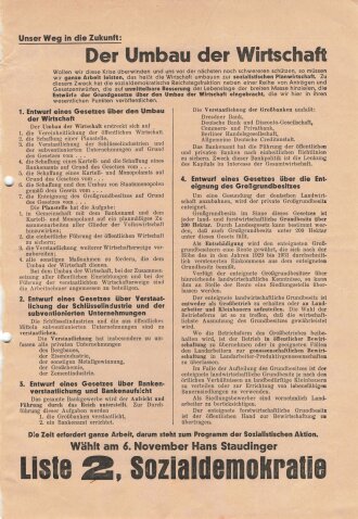 SPD, Liste 2, Flugblatt "Der Umbau der Wirtschaft", Hamburg, Reichstagswahl November 1932, ca. DIN A4, gelocht, sonst guter Zustand