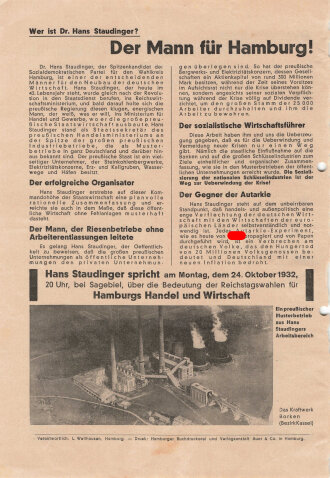 SPD, Liste 2, Flugblatt "Der Umbau der Wirtschaft", Hamburg, Reichstagswahl November 1932, ca. DIN A4, gelocht, sonst guter Zustand