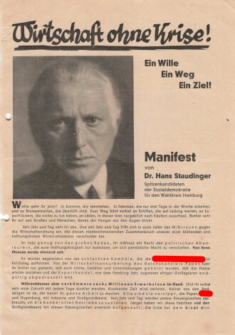 SPD, Liste 2, Flugblatt "Wirtschaft ohne Krise!", Hamburg, Reichstagswahl November 1932, ca. DIN A4, gelocht, sonst guter Zustand