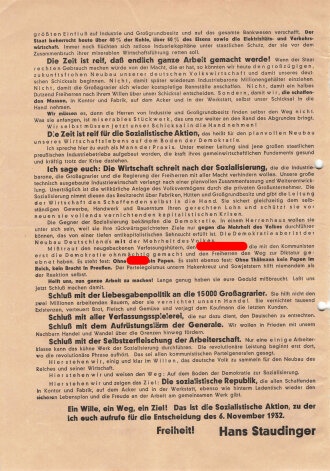 SPD, Liste 2, Flugblatt "Wirtschaft ohne Krise!", Hamburg, Reichstagswahl November 1932, ca. DIN A4, gelocht, sonst guter Zustand