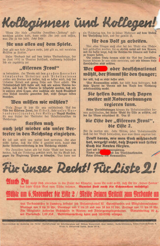 SPD, Liste 2, Flugblatt "Kolleginnen und Kollegen!", Berlin, Reichstagswahl November 1932, ca. DIN A4, leicht verschlissen