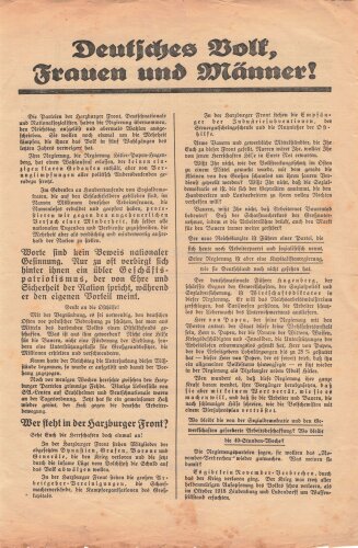 SPD, Liste 2, Flugblatt "Deutsches Volk, Frauen und Männer!", Hamburg, Reichstagswahl März 1933, ca. DIN A4, leicht verschlissen