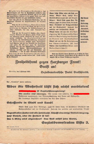 SPD, Liste 2, Flugblatt "Deutsches Volk, Frauen und Männer!", Hamburg, Reichstagswahl März 1933, ca. DIN A4, leicht verschlissen