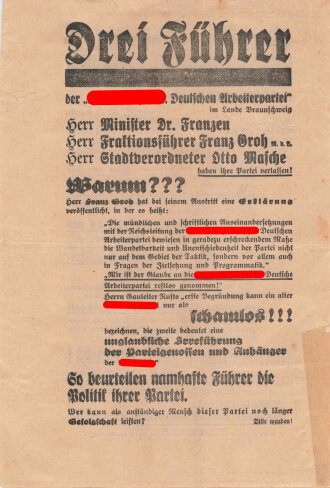 SPD, Liste 1, Flugblatt "Drei Führer", Hamburg, Reichstagswahl September 1930, ca. DIN A5, guter Zustand