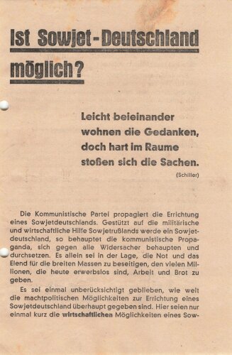 SPD Flugblatt/Broschüre "Ist Sowjet-Deutschland möglich?", 4 lose Blätter, 8 Seiten, Hamburg, ca. DIN A5, gelocht, guter Zustand