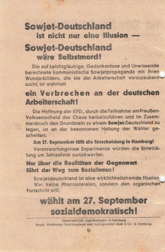 SPD Flugblatt/Broschüre "Ist Sowjet-Deutschland möglich?", 4 lose Blätter, 8 Seiten, Hamburg, ca. DIN A5, gelocht, guter Zustand