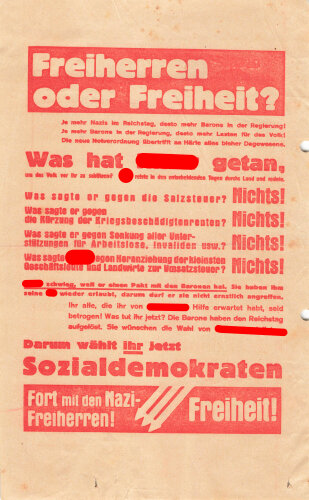 SPD Flugblatt "Dr. Rod. Hilferding spricht/Freiherren oder Freiheit?", Hamburg, ca. DIN A5, gelocht, leicht verschlissen