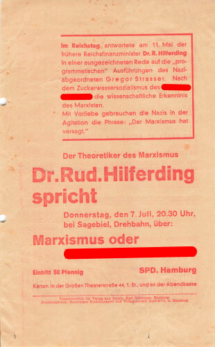 SPD Flugblatt "Dr. Rod. Hilferding spricht/Freiherren oder Freiheit?", Hamburg, ca. DIN A5, gelocht, leicht verschlissen