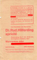 SPD Flugblatt "Dr. Rod. Hilferding spricht/Freiherren oder Freiheit?", Hamburg, ca. DIN A5, gelocht, leicht verschlissen