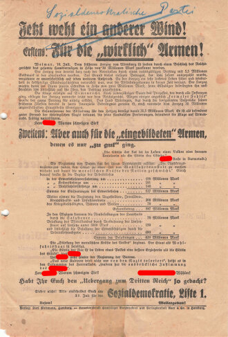 SPD, Liste 1, Flugblatt "Jetzt weht ein anderer Wind", Hamburg, Reichstagswahl Juli 1932, ca. DIN A4, handschriftl. Notiz, gelocht, geklebt, leicht verschlissen