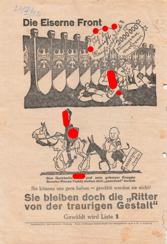 SPD/Eiserne Front, Liste 1, Flugblatt "Die Eiserne Front", Hamburg, Reichpräsidentenwahl und Bürgerschaftswahl 1932, ca. DIN A4, gelocht, guter Zustand