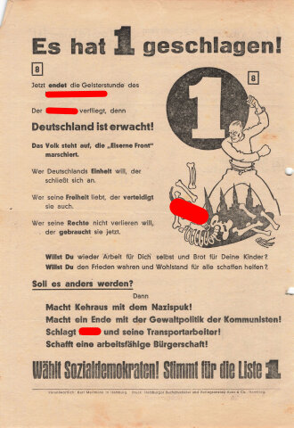 SPD/Eiserne Front, Liste 1, Flugblatt "Ein neuer Totentanz?", 2 lose Blätter, 4 Seiten, Hamburg, Reichstagswahl Juli 1932, ca. DIN A4, gelocht, guter Zustand