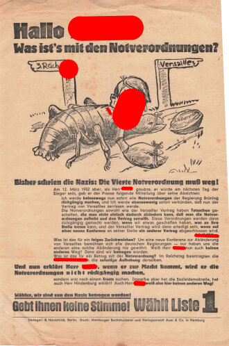 SPD/Eiserne Front, Liste 1, Flugblatt "Hallo Hitler!", 2 lose Blätter, 4 Seiten, Hamburg, Reichstagswahl Juli 1932, ca. DIN A4, guter Zustand