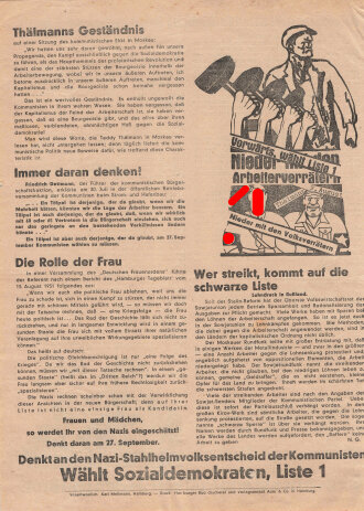 SPD, Liste 1, Flugblatt "Gegen Armut und Not! Für Frieden und Brot!", Hamburg, Reichstagswahl September 1930, ca. DIN A4, guter Zustand