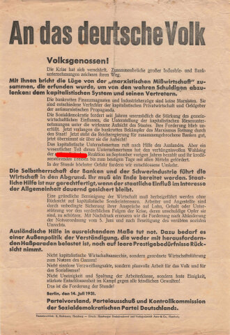 SPD Flugblatt "An das deutsche Volk", 14. Juli 1931, ca. DIN A4, mehrfach gefaltet, sonst guter Zustand
