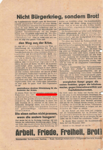SPD Flugblatt "Nicht Bürgerkrieg, sondern Brot!", um 1930, ca. DIN A4, gelocht, sonst guter Zustand