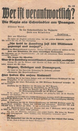 SPD, Liste 1, Flugblatt "Wer ist verantwortlich?", Nr. 15, Hamburg,  Reichstagswahl September 1930, ca. DIN A4, leicht verschlissen
