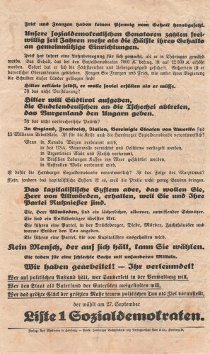 SPD, Liste 1, Flugblatt "Wer ist verantwortlich?", Nr. 15, Hamburg,  Reichstagswahl September 1930, ca. DIN A4, leicht verschlissen