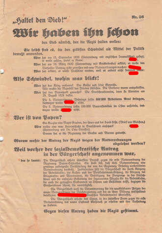 SPD, Liste 1, Flugblatt "Haltet den Dieb!", Nr. 56, Hamburg, Reichstagswahl Juli 1932, ca. DIN A4, gelocht, leicht verschlissen