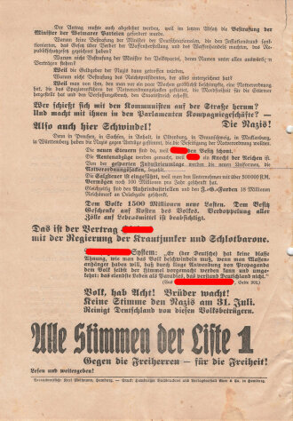 SPD, Liste 1, Flugblatt "Haltet den Dieb!", Nr. 56, Hamburg, Reichstagswahl Juli 1932, ca. DIN A4, gelocht, leicht verschlissen