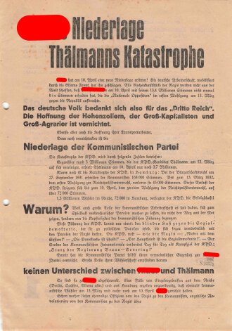SPD, Liste 1, Flugblatt "Hitlers Niederlage - Thälmanns Katastrophe", Hamburg, Bürgerschaftswahl 1932, ca. DIN A4, gelocht, sonst guter Zustand