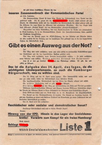 SPD, Liste 1, Flugblatt "Hitlers Niederlage - Thälmanns Katastrophe", Hamburg, Bürgerschaftswahl 1932, ca. DIN A4, gelocht, sonst guter Zustand