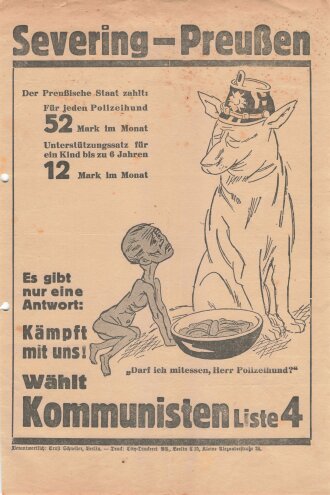 KPD Flugblatt "Severing - Preußen", Reichstagswahl, ca. DIN A4, gelocht, sonst guter Zustand