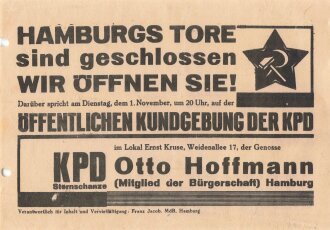KPD Flugblatt "Hamburgs Tore", Franz Jakob, Hamburg, ca. DIN A5, gelocht, sonst guter Zustand