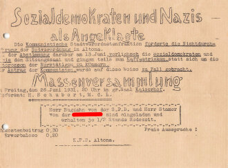 KPD Flugblatt "Sozialdemokraten und Nazis als Angeklagte", KPD Altona, Hamburg, ca. DIN A5, gelocht, sonst guter Zustand