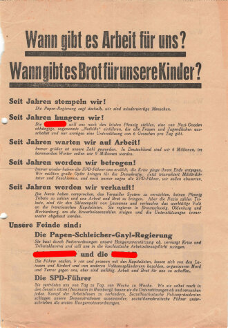 KPD Flugblatt "Wann gibt es Arbeit für uns?", Hamburg, Reichstagswahl Juli 1932, ca. DIN A4, gelocht, leicht verschlissen