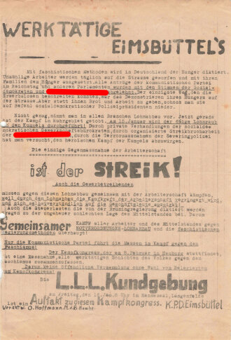 KPD Flugblatt "Werktätige Eimsbüttels", KPD Eimsbüttel, Hamburg, ca. DIN A4, gelocht, leicht verschlissen