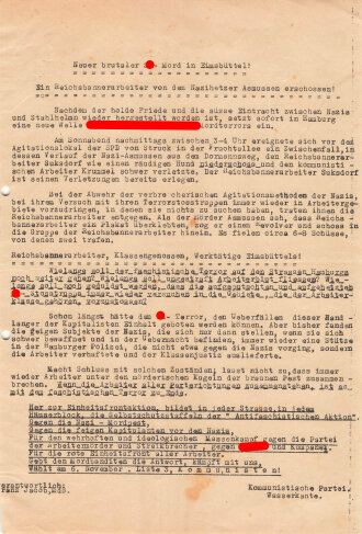 KPD Flugblatt "Neuer brutaler SA-Mord in Eimsbüttel", KPD Wasserkante, Hamburg, um 1932, ca. DIN A4, gelocht, sonst guter Zustand