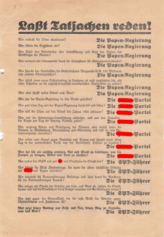KPD Flugblatt "Lasst Tatsachen reden!", Hamburg, Reichstagswahl Juli 1932, ca. DIN A4, gelocht, gefaltet