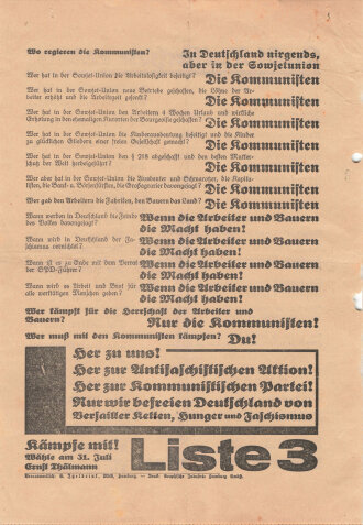 KPD Flugblatt "Lasst Tatsachen reden!", Hamburg, Reichstagswahl Juli 1932, ca. DIN A4, gelocht, gefaltet