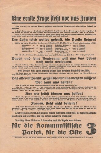 KPD Flugblatt "Frauen, denkt an eure Familien, denkt an eure Kinder!", Berlin, Reichstagswahl November 1932, ca. DIN A4, gefaltet, guter Zustand