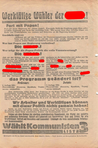 KPD Flugblatt "Werktätige Wähler der NSDAP!", Berlin, Reichstagswahlen 1932, ca. DIN A4, gefaltet, gelocht, sonst guter Zustand
