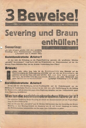 KPD Flugblatt "3 Beweise!", Berlin-Neukölln, Reichstagswahlen November 1932, ca. DIN A4, gefaltet, gelocht, sonst guter Zustand