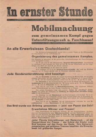 KPD Flugblatt "In ernster Stunde", Berlin, Reichstagswahlen Juli 1932, ca. DIN A4, gefaltet, guter Zustand
