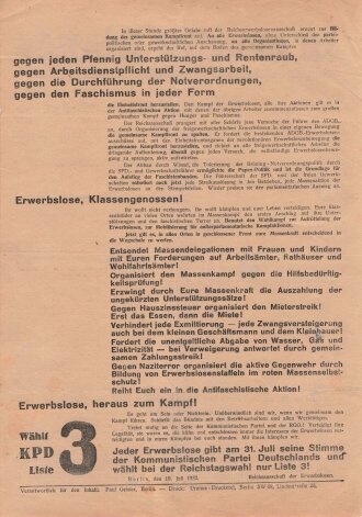 KPD Flugblatt "In ernster Stunde", Berlin, Reichstagswahlen Juli 1932, ca. DIN A4, gefaltet, guter Zustand