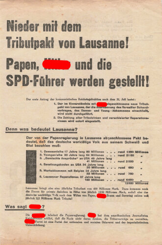 KPD Flugblatt "Nieder mit dem Tributpakt von Lausanne", Berlin, ZK der KPD, Reichstagswahlen Juli 1932, ca. DIN A4, gefaltet, guter Zustand