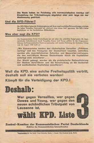 KPD Flugblatt "Nieder mit dem Tributpakt von...