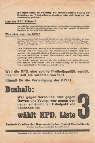 KPD Flugblatt "Nieder mit dem Tributpakt von Lausanne", Berlin, ZK der KPD, Reichstagswahlen Juli 1932, ca. DIN A4, gefaltet, guter Zustand