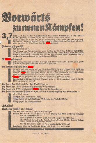 KPD Flugblatt "Vorwärts zu neuen Kämpfen!", Hamburger Bürgerschaftswahl am 24. April 1932, ca. DIN A4, gefaltet, gelocht, leicht verschlissen