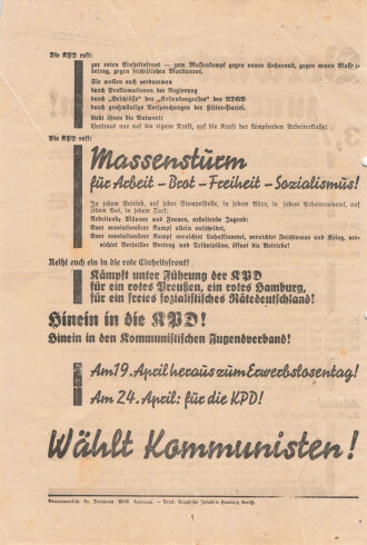 KPD Flugblatt "Vorwärts zu neuen Kämpfen!", Hamburger Bürgerschaftswahl am 24. April 1932, ca. DIN A4, gefaltet, gelocht, leicht verschlissen
