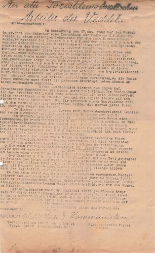 KPD Flugblatt "An alle Sozialdemokratischen Arbeiter der Veddel", KPD Veddel, ca. DIN A4, gelocht, gefaltet, sonst guter Zustand